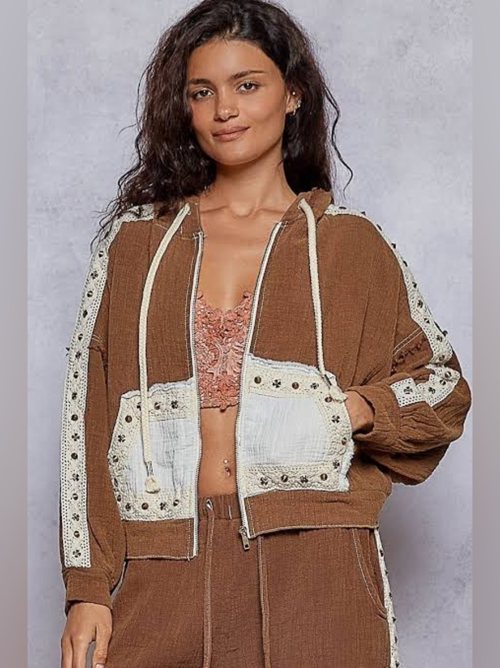 POL Free Spirit Studded Gauze Zip-Up Hoodie
